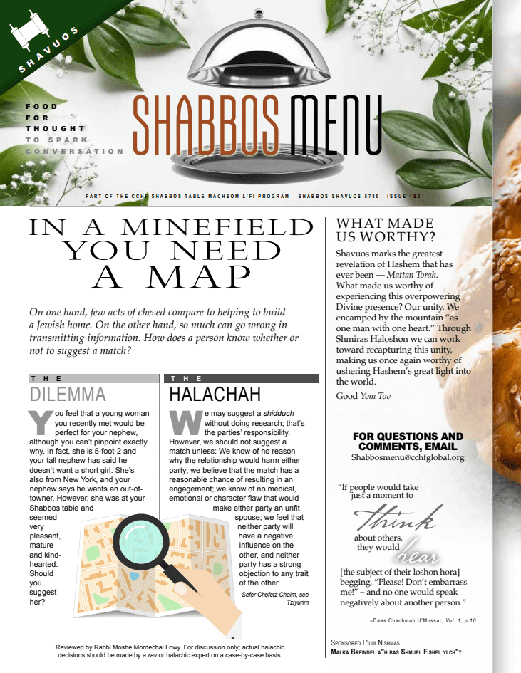 It’s a minefield out there: Shabbos Menu for Shavuos 1