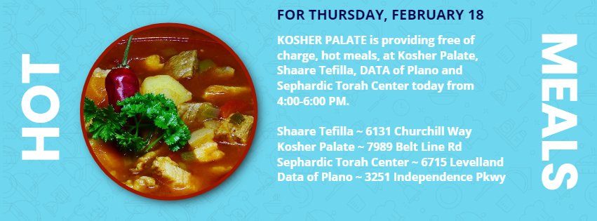 Hot Meals for Thursday, February 18, from Kosher Palate 1