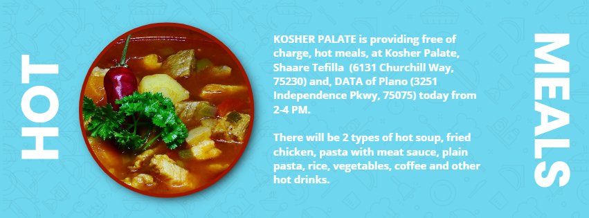 From Kosher Palate: FREE Hot Meals For Those Who Need, Today 2-4 PM 1