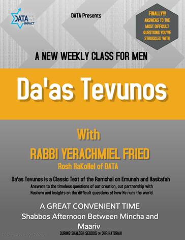 Da'as Tevunos: A New Weekly Shiur for Men by Rabbi Yerachmiel D. Fried, DATA Rosh HaKollel 1
