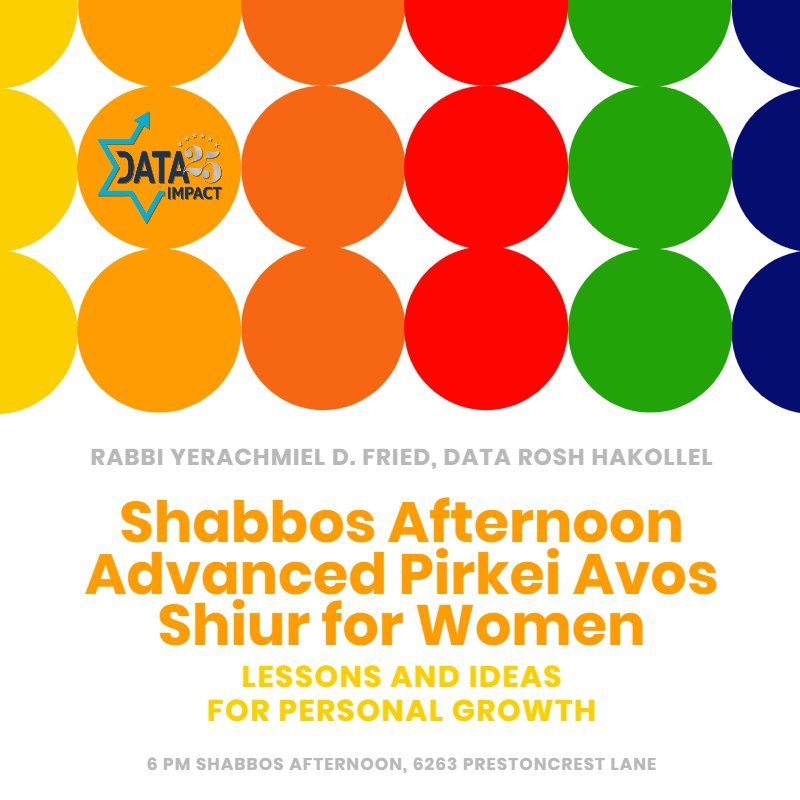 Updated Time: Shabbos Afternoon Advanced Pirkei Avos Shiur for Women with Rabbi Yerachmiel D. Fried 1