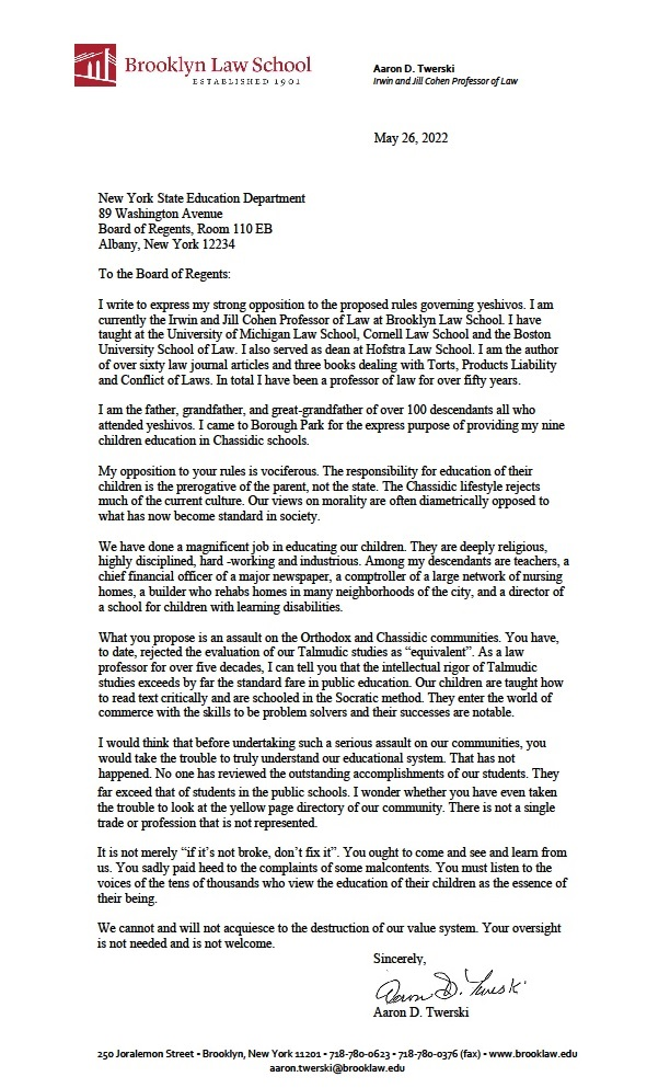 READ IT: Professor Aaron Twerski Sends Scathing Letter To NYS Dept. Of Education 1