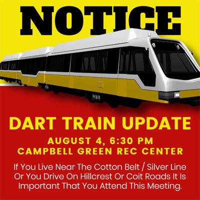 NOTICE: Dart Train Update Meeting, August 4, 6:30 PM