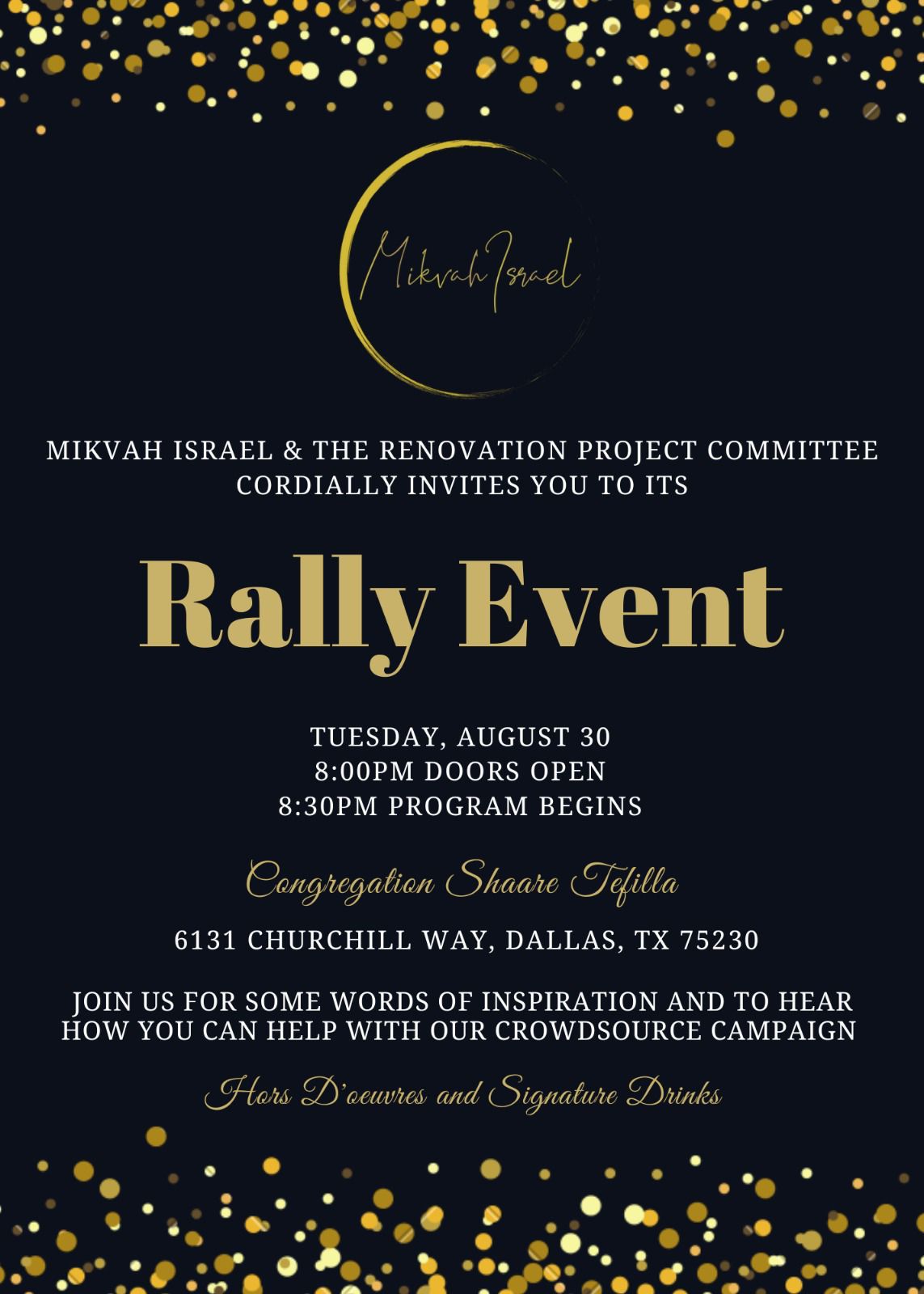 Mikvah Israel & the Renovation Project Committee Invite You to its Rally Event