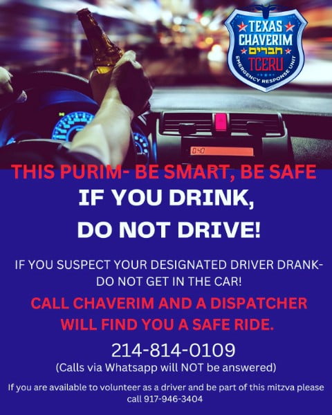 This Purim - Be Smart, Be Safe. If You Drink, Do Not Drive!