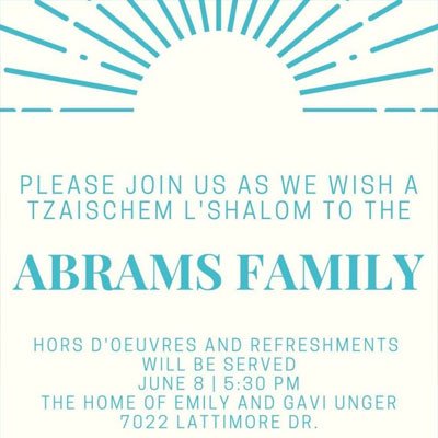 A Tzaischem L’Shalom to Rabbi Shlomo & Hudy Abrams & Family
