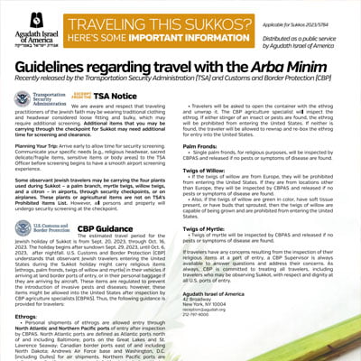 Traveling this Sukkos? Here’s Some Important Information from Agudath Israel of America.