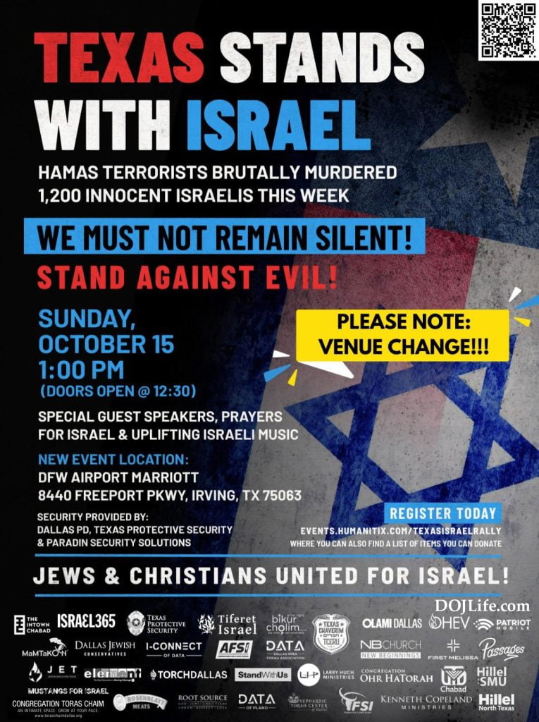 PLEASE NOTE VENUE CHANGE: Texas Stands with Israel Rally: Sunday, Oct 15, 1 PM 1