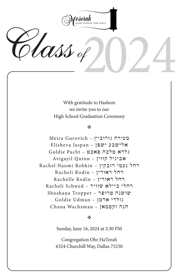 Mesorah High School for Girls Graduation: Class  of 2024